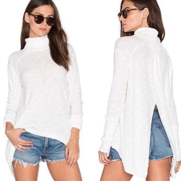 Free Peoplele Turtleneck Long Sleeve Sweater Raw Hem Split White Small Cream - Picture 4 of 13